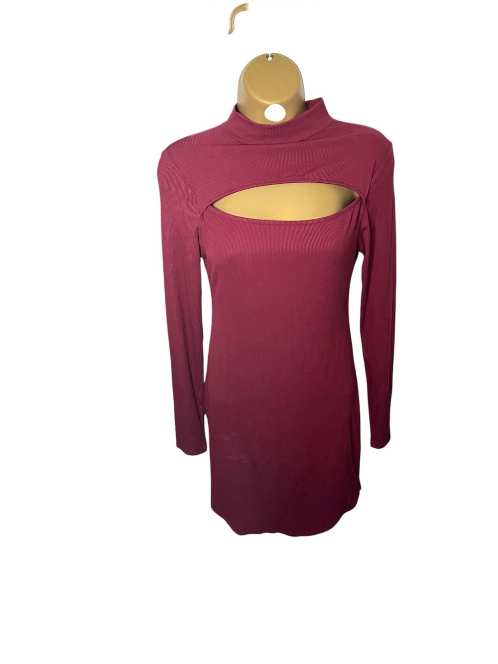7 Day Weekend Cut Out Mini Dress Mock Neck Ribbed Stretch Burgundy M